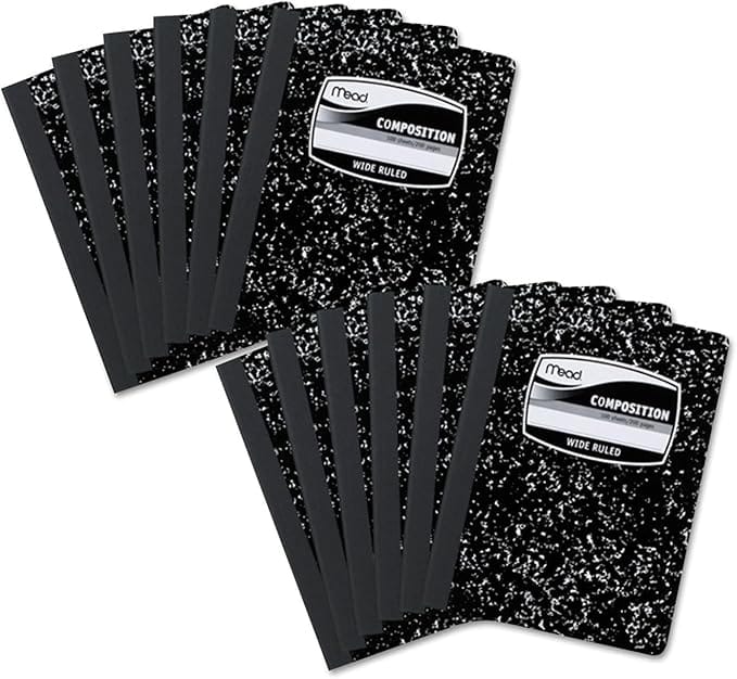 Mead Composition Notebooks, 12 Pack, Wide Ruled Paper, 9-3/4" x 7-1/2", 100 Sheets per Comp Book, Black Marble