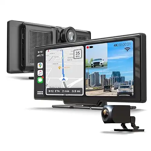 CPDuo Pro - 10.26" 4K Dash Cam with Wireless CarPlay & Android Auto, Touchscreen, GPS, Bluetooth, WDR, Night Vision, 170 Wide, Parking Mode