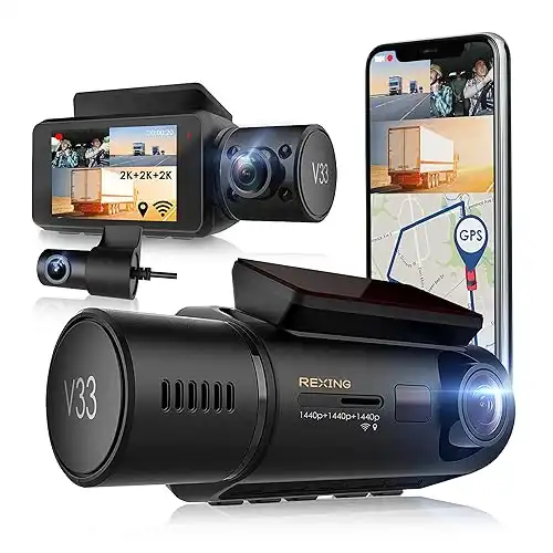 V33-2K 3 Channel Dash Cam Built-in WiFi GPS, Car Dashboard Camera Recorder 1440p + 1440p +1440p, 2.7 LCD, 170 Wide Angle, G-Sensor, Night Vision, Parking Monitor